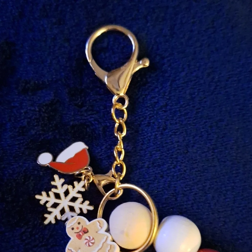 Festive Holiday Red and White Beaded Keychains Bracelets